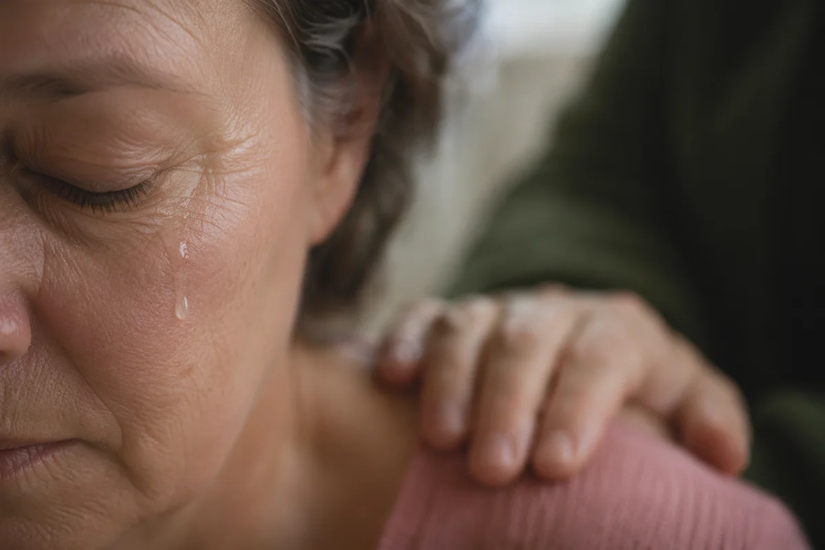 Tearful Cheek Close-Up with Gentle Comfort