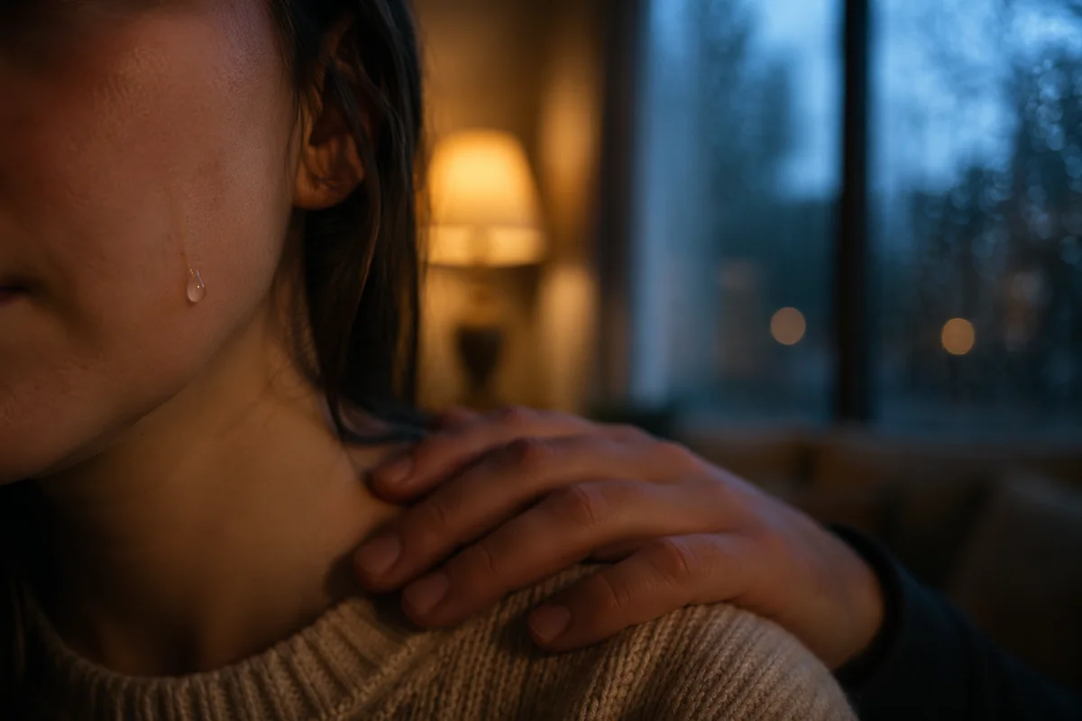 Tearful Cheek with Gentle Comforting Hand