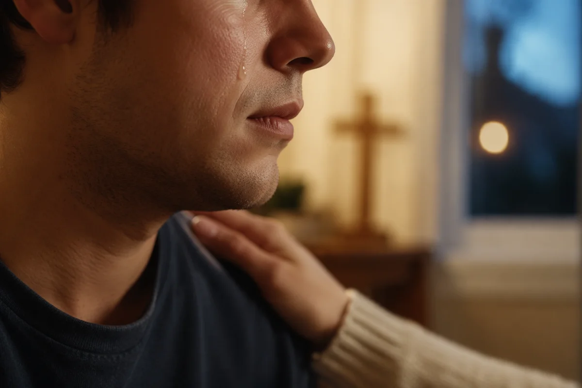 Tender Tear and Comforting Hand Close-Up