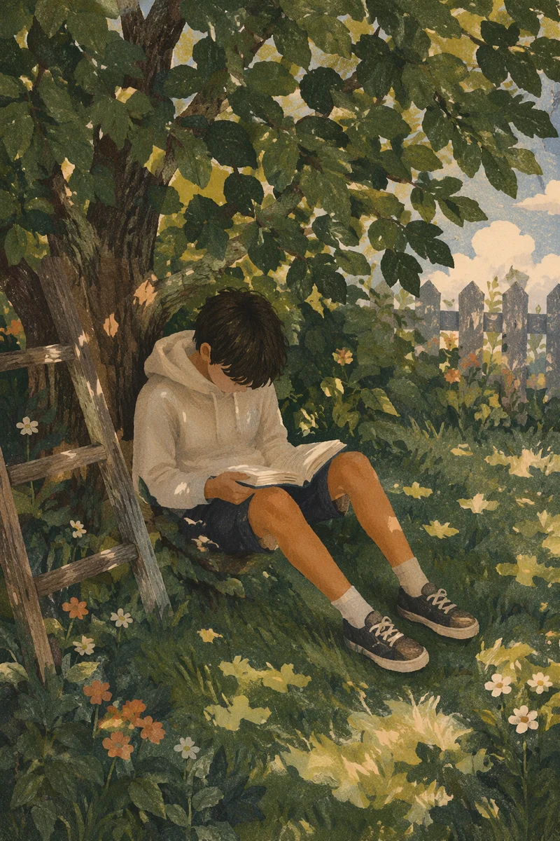 Teen Reading Bible Beneath Garden Tree Shade
