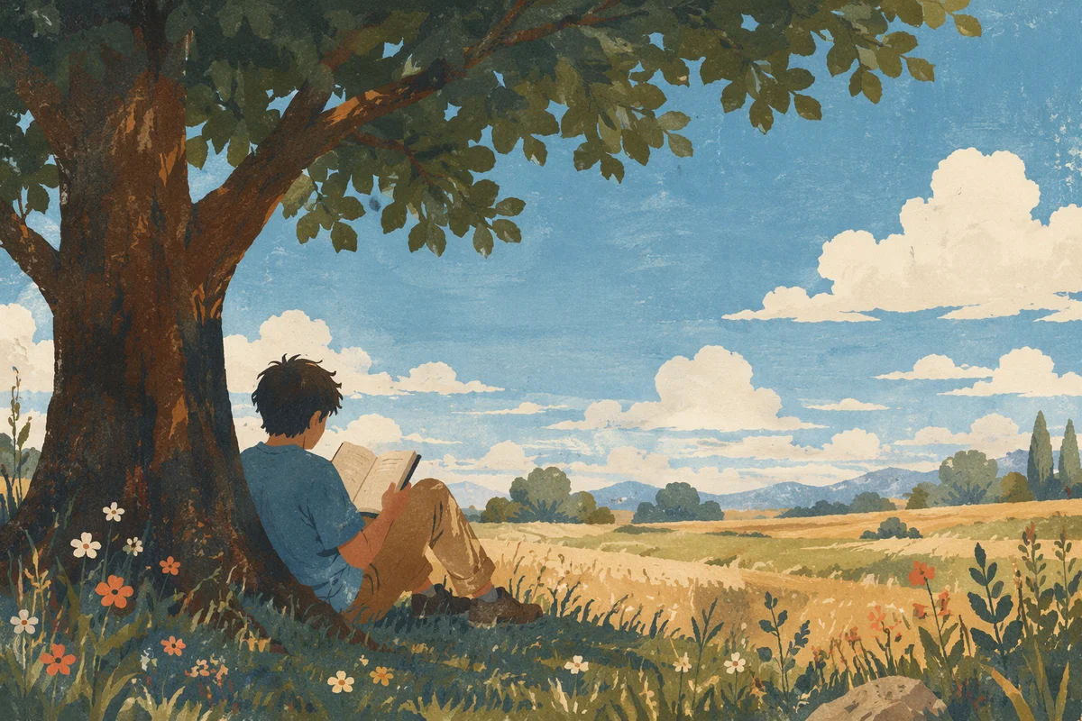 Teenager Reading Bible Beneath Summer Tree Shade