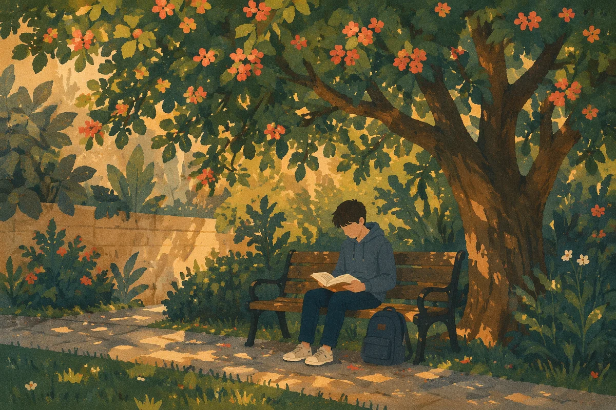 Teen Reading Bible Under Flowering Tree