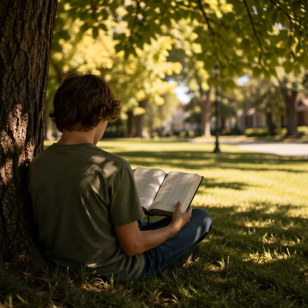 Teen Reading Bible Beneath Park Tree