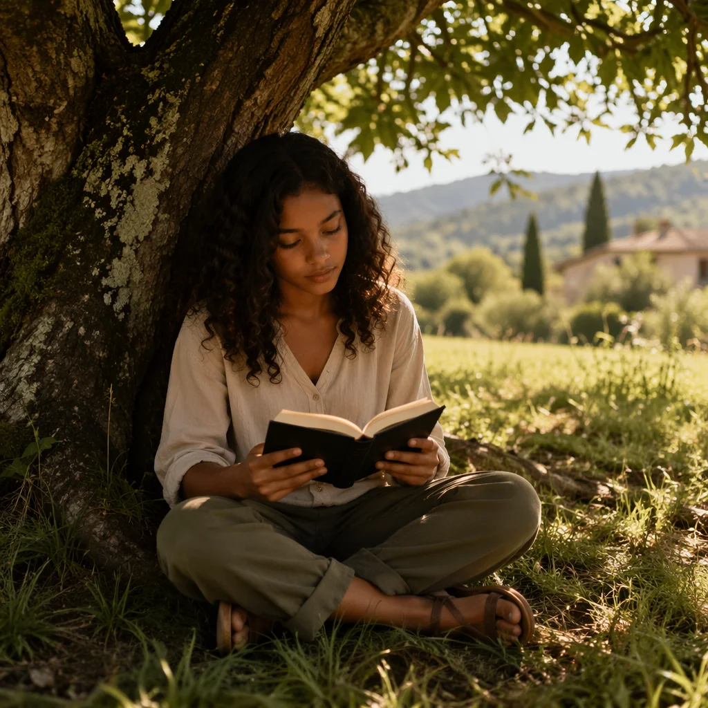 Teen Girl Reading Bible Beneath Tree Shade