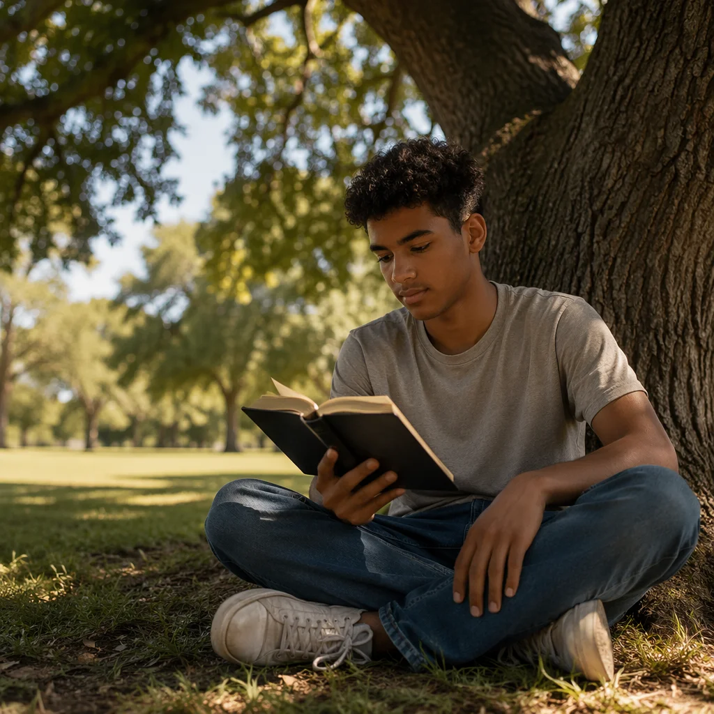 Teenage Boy Reading Bible Under Oak Tree