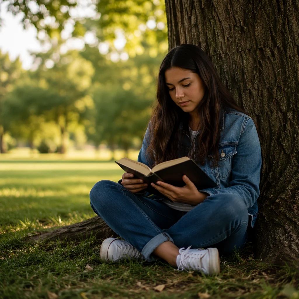 Teenage Girl Reading Under Oak Tree