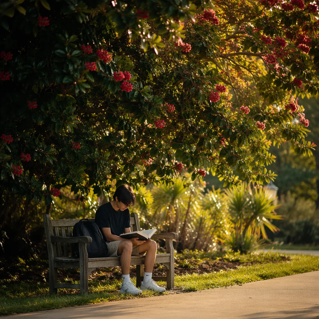 Teenager Reading Bible Beneath Flowering Tree