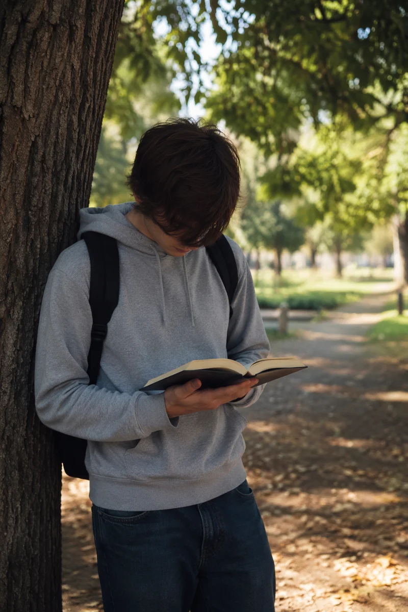 Teen Reading Bible Beneath Tree Shade