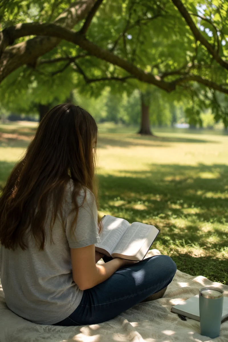 Teen Reading Bible Beneath Tree Shade