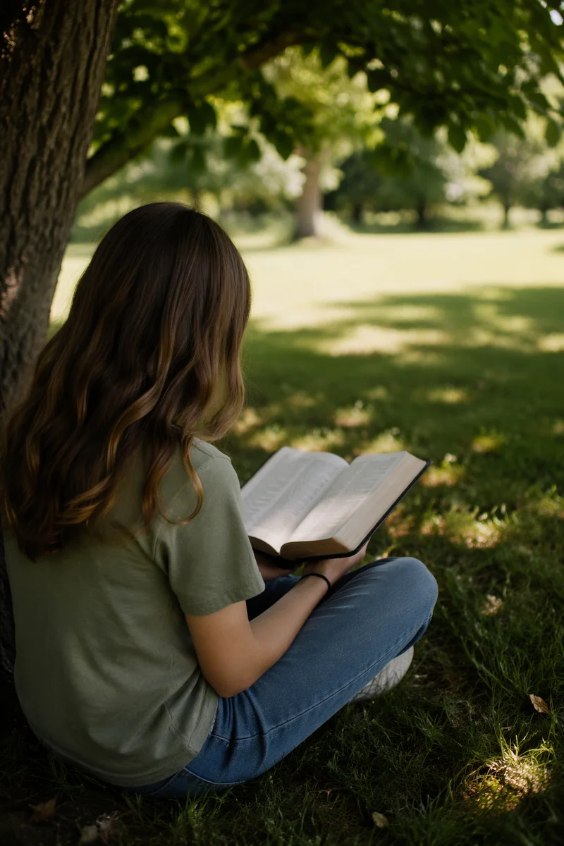 Teen Reading Bible Beneath Summer Tree