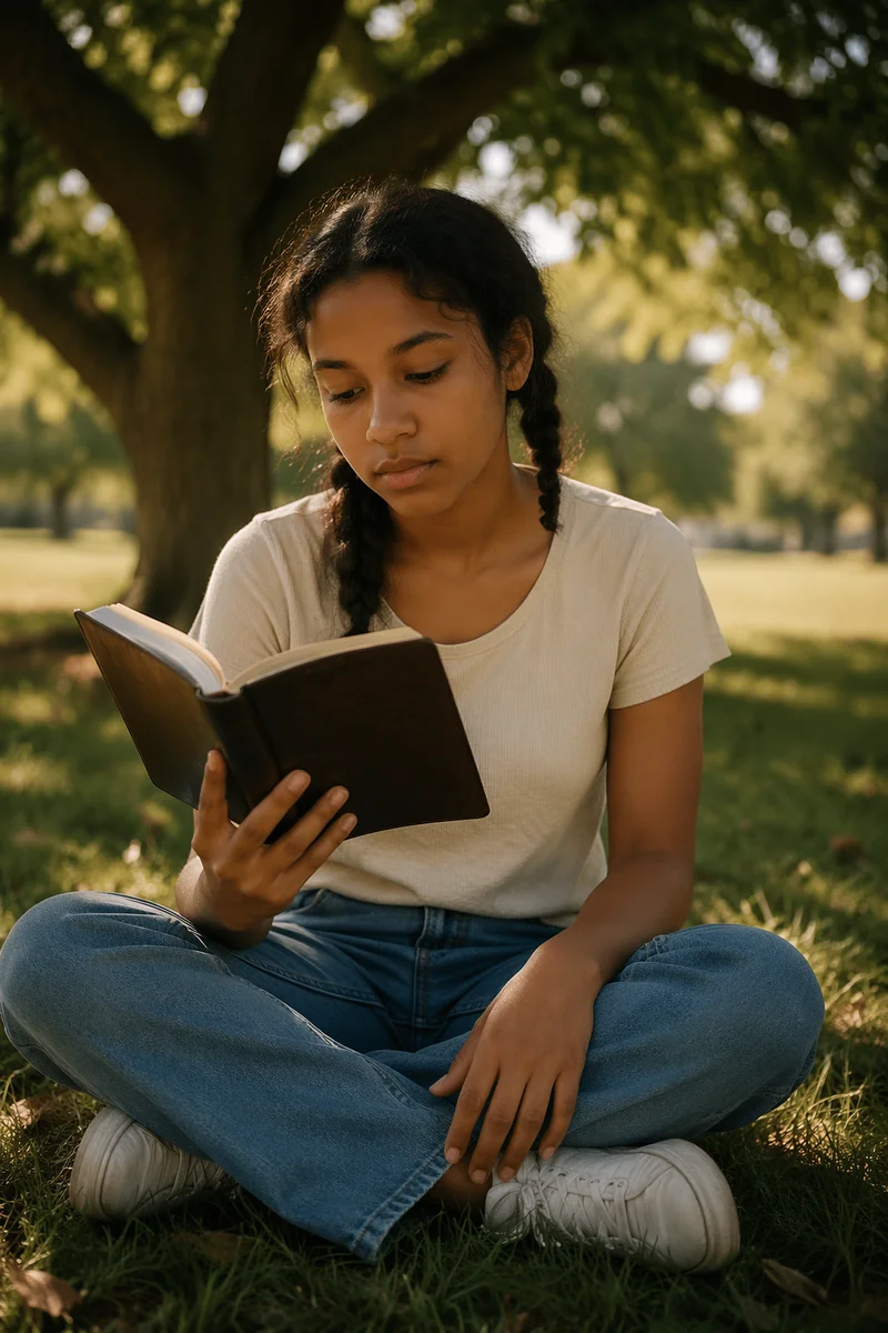 Teenage Girl Reading Bible Under Tree