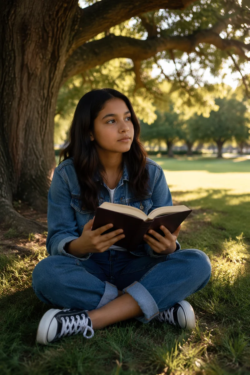 Teenage Girl Reading Under Oak Tree