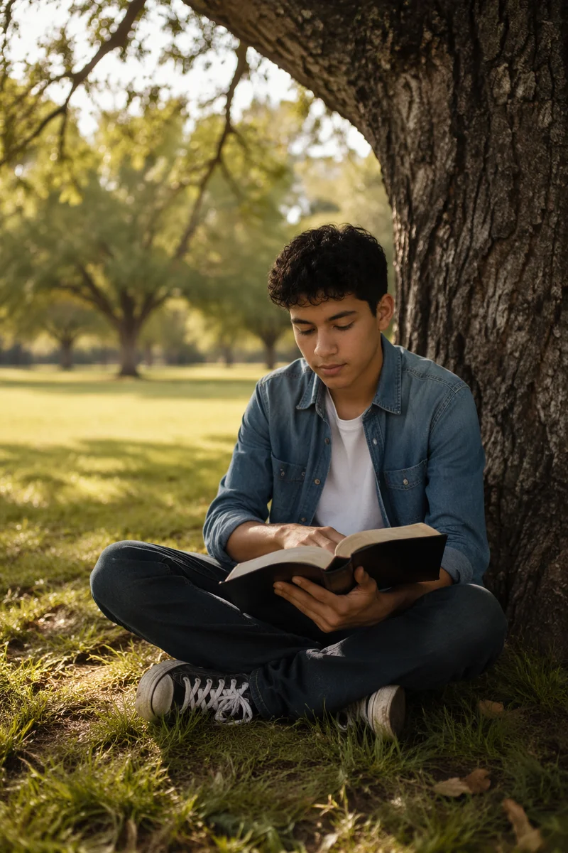 Teenage Boy Reading Bible Under Oak Tree