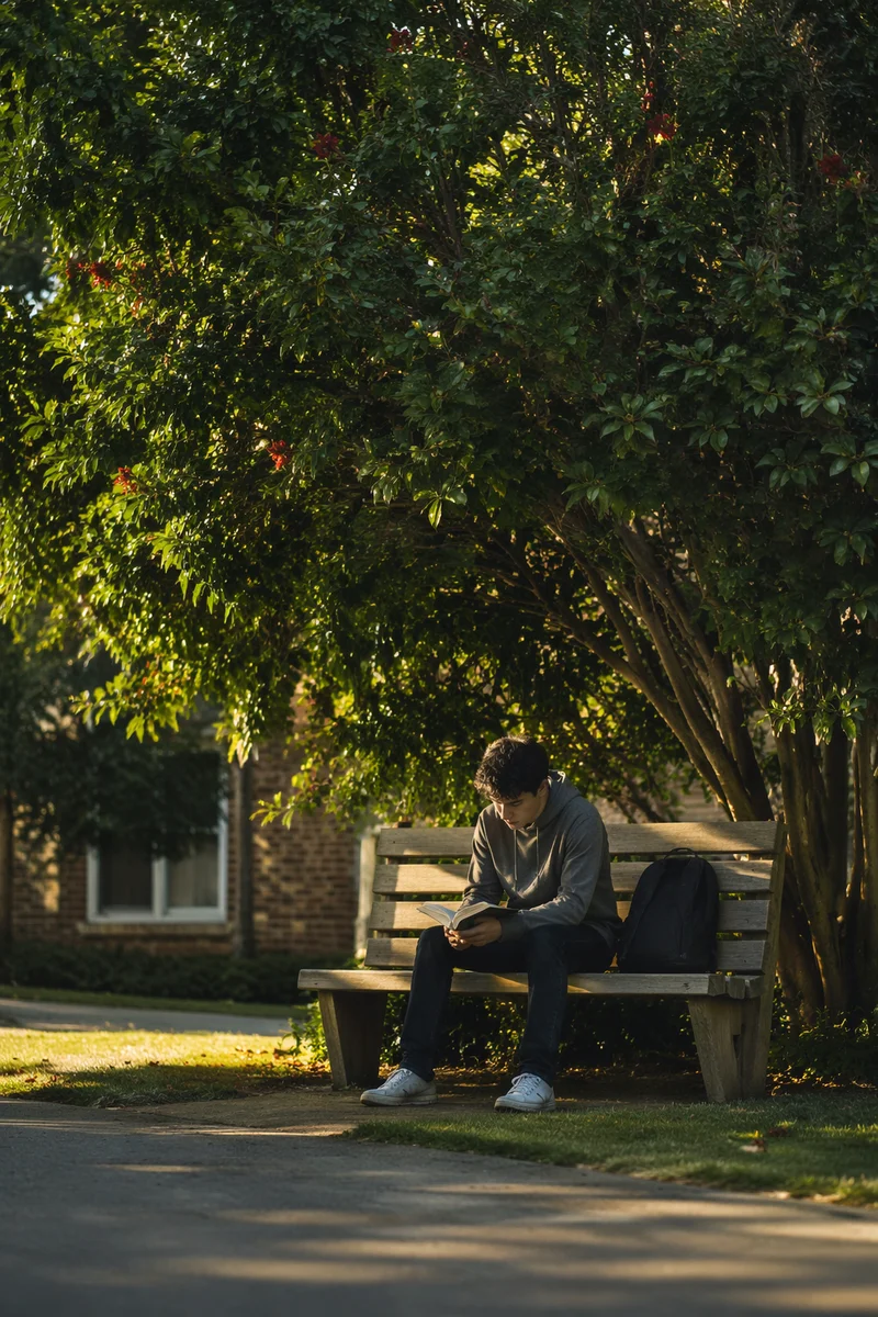 Teenager Reading Bible Beneath Flowering Tree