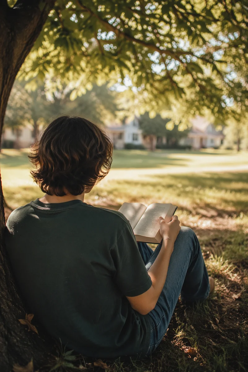Teenager Reading Bible Beneath Tree Shade