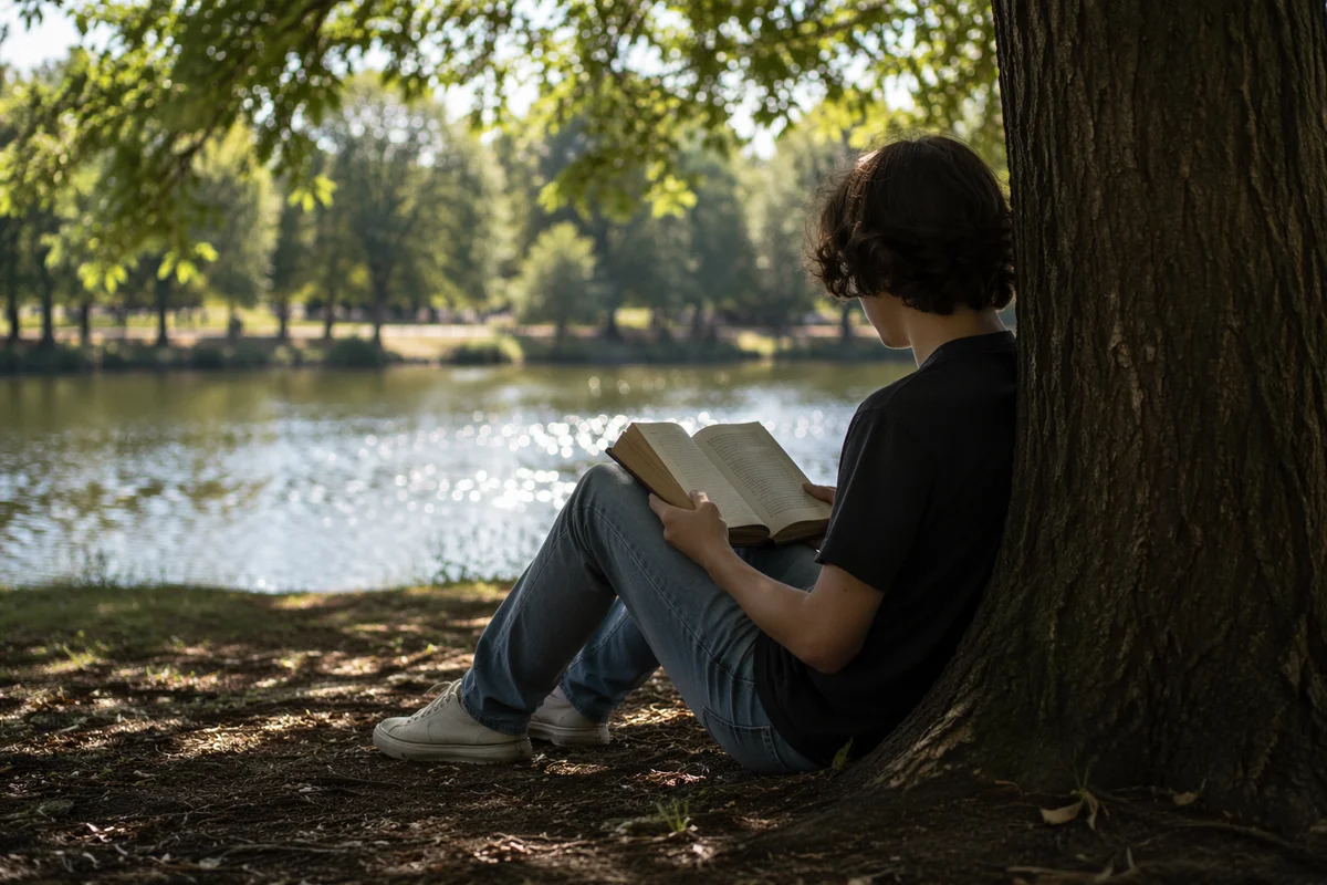 Teen Reading Bible Beneath Lakeside Tree