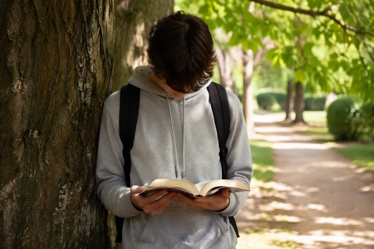 Teenager Reading Bible Under Tree Shade