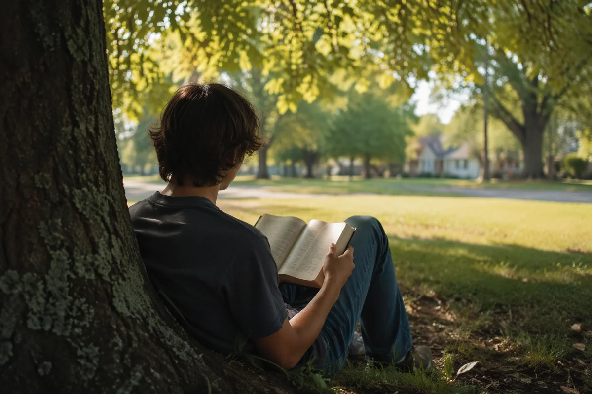 Teen Reading Bible Beneath Tree Shade