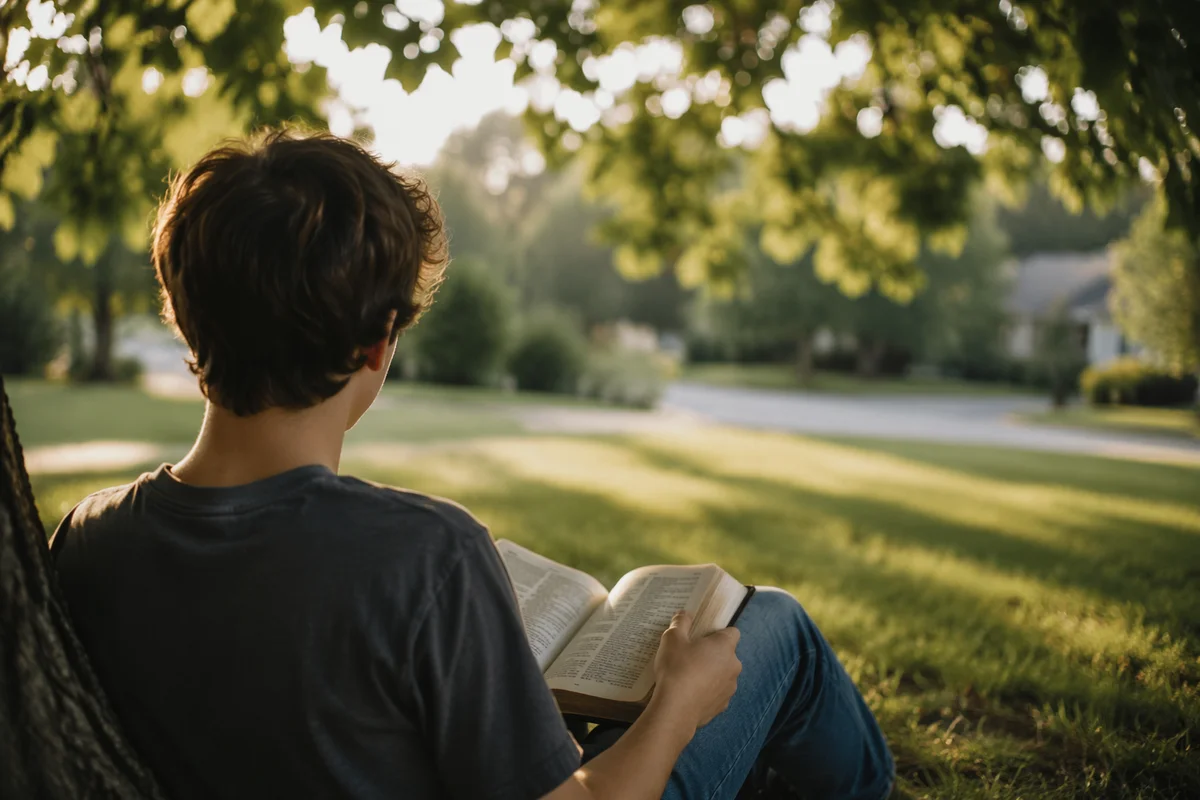 Teenager Reading Bible Beneath Tree Shade