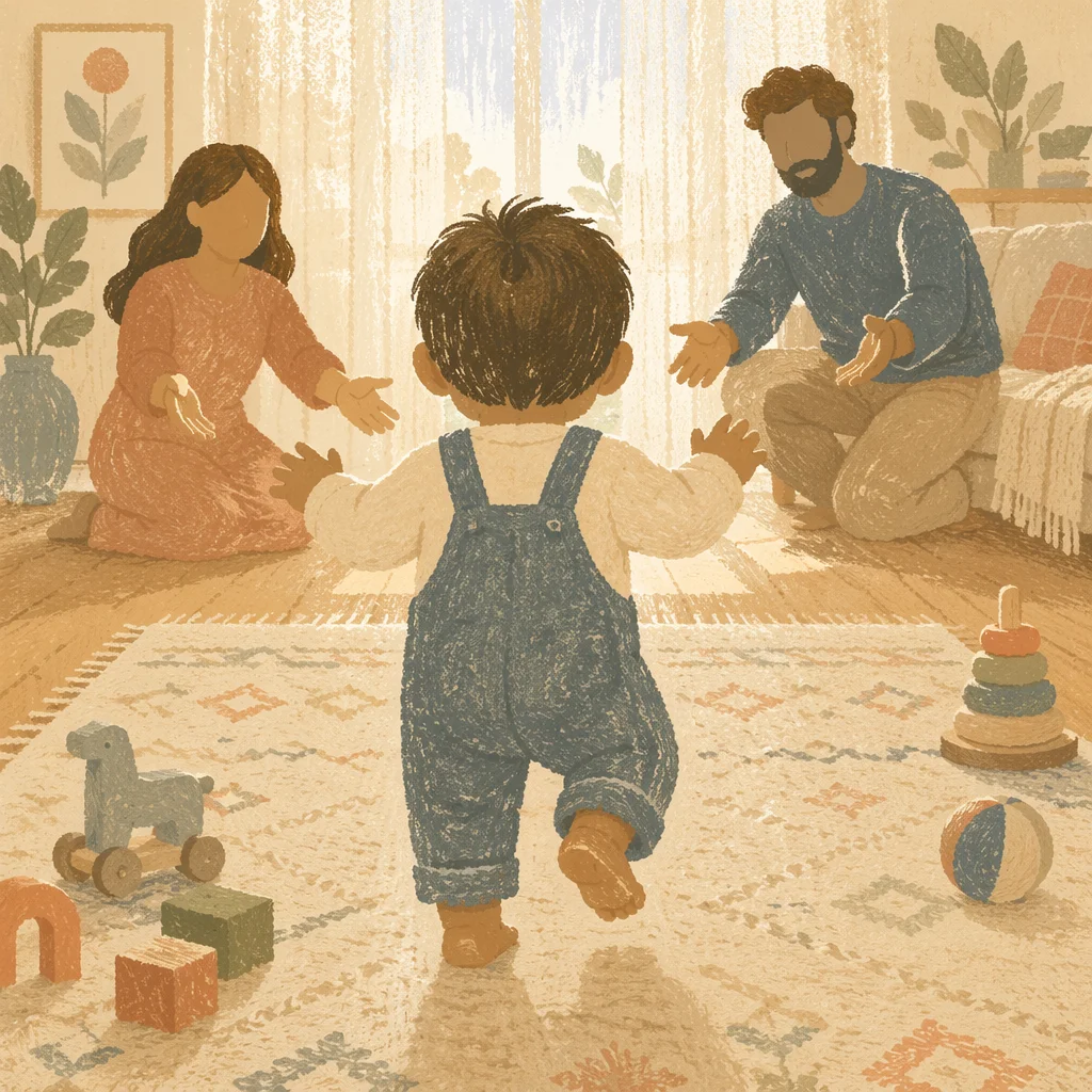 Toddler First Steps in Warm Home