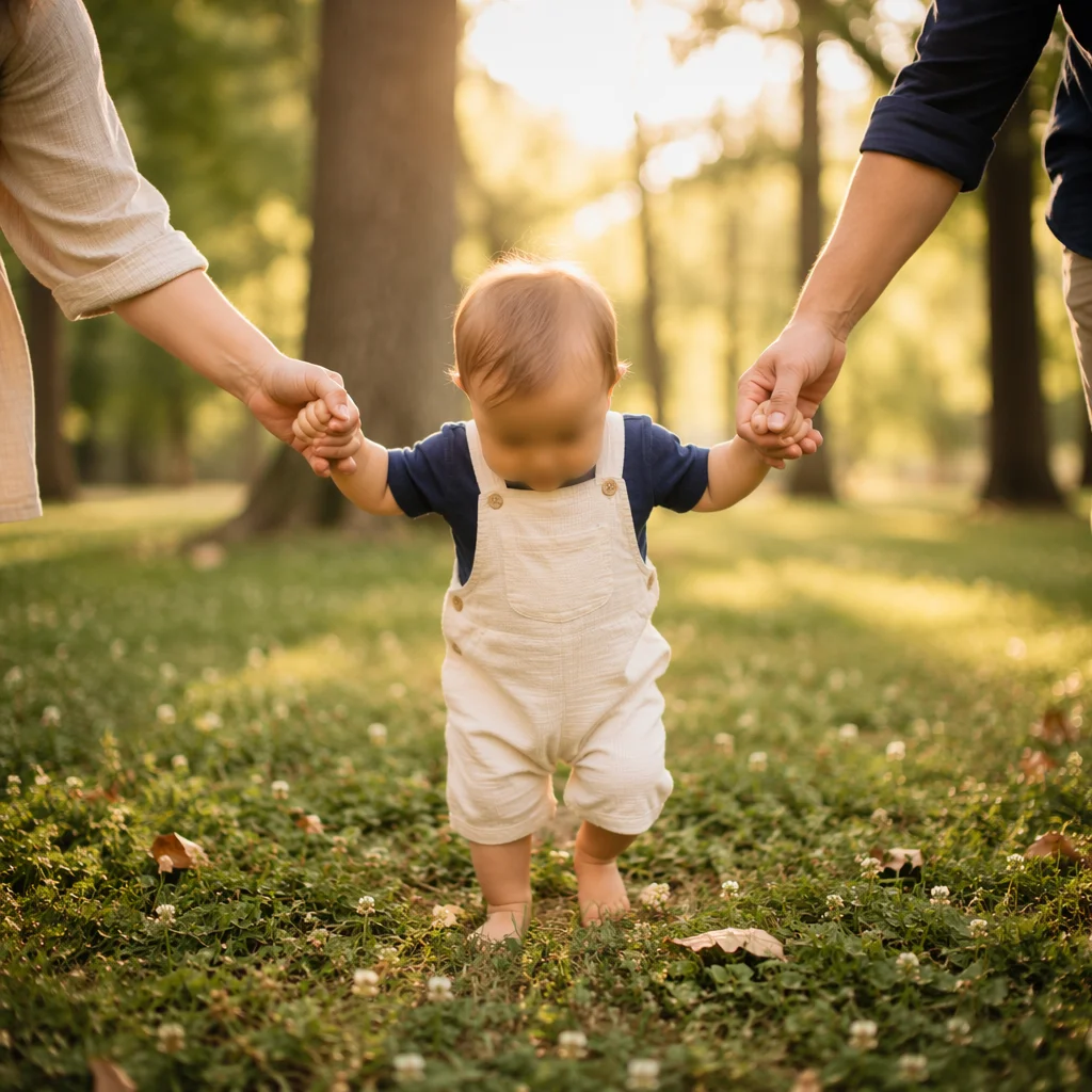 Toddler First Steps with Parents in Park