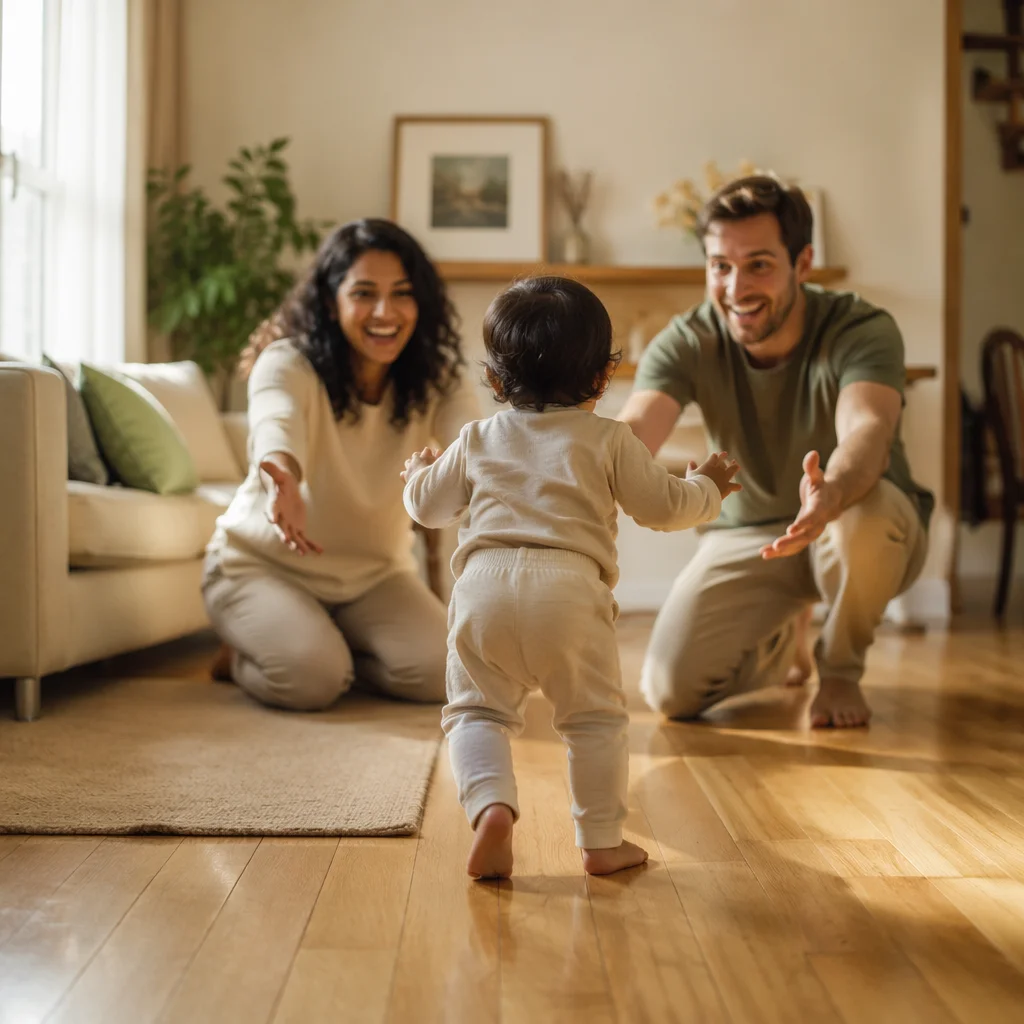 Toddler Taking First Steps at Home
