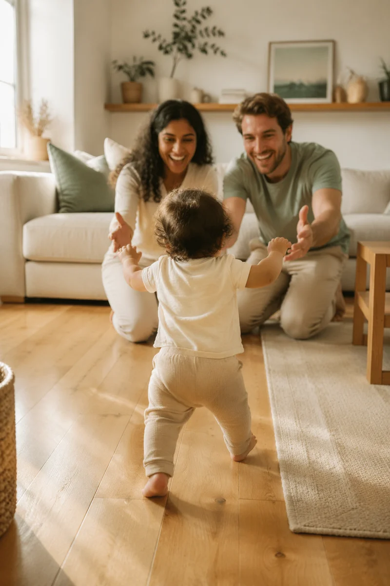 Toddler Taking First Steps at Home