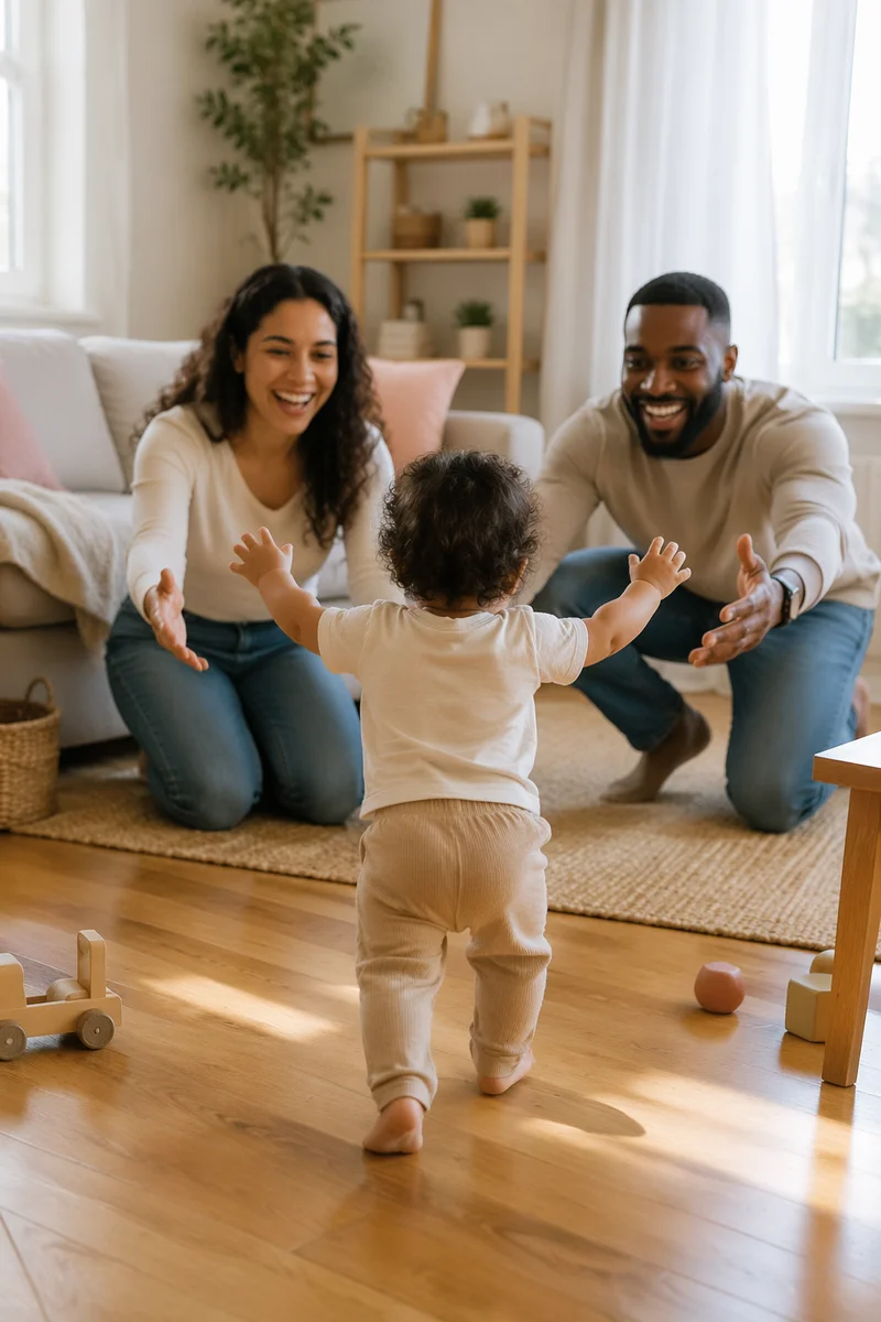 Toddler Taking First Steps to Parents