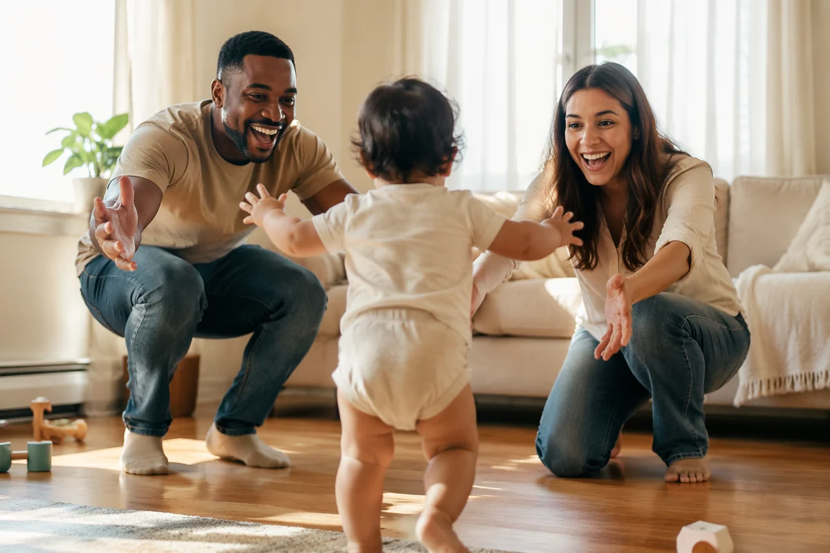 Toddler Taking First Steps Toward Parents