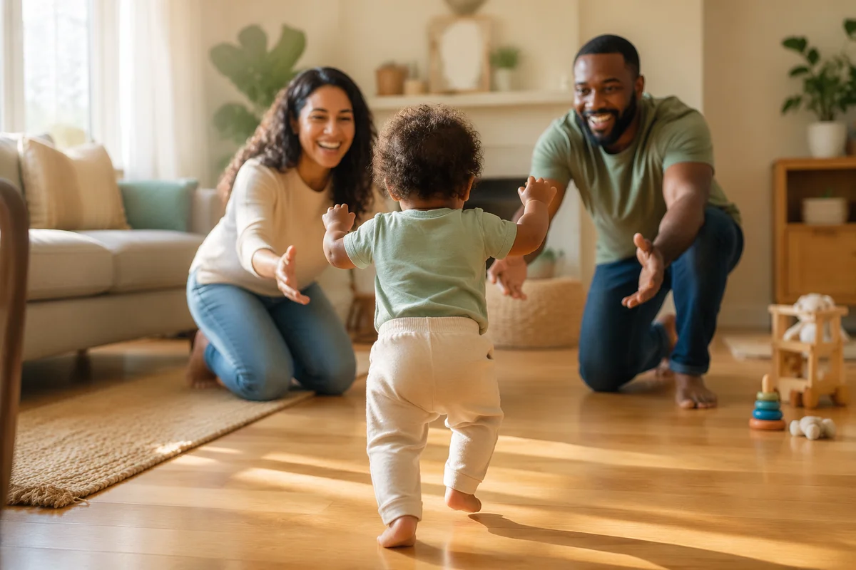Toddler Taking First Steps to Parents