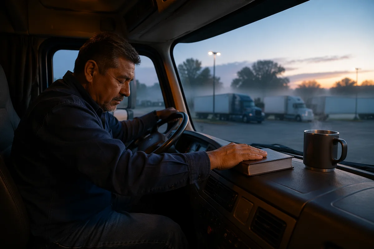 Truck Driver Praying in Morning Cab