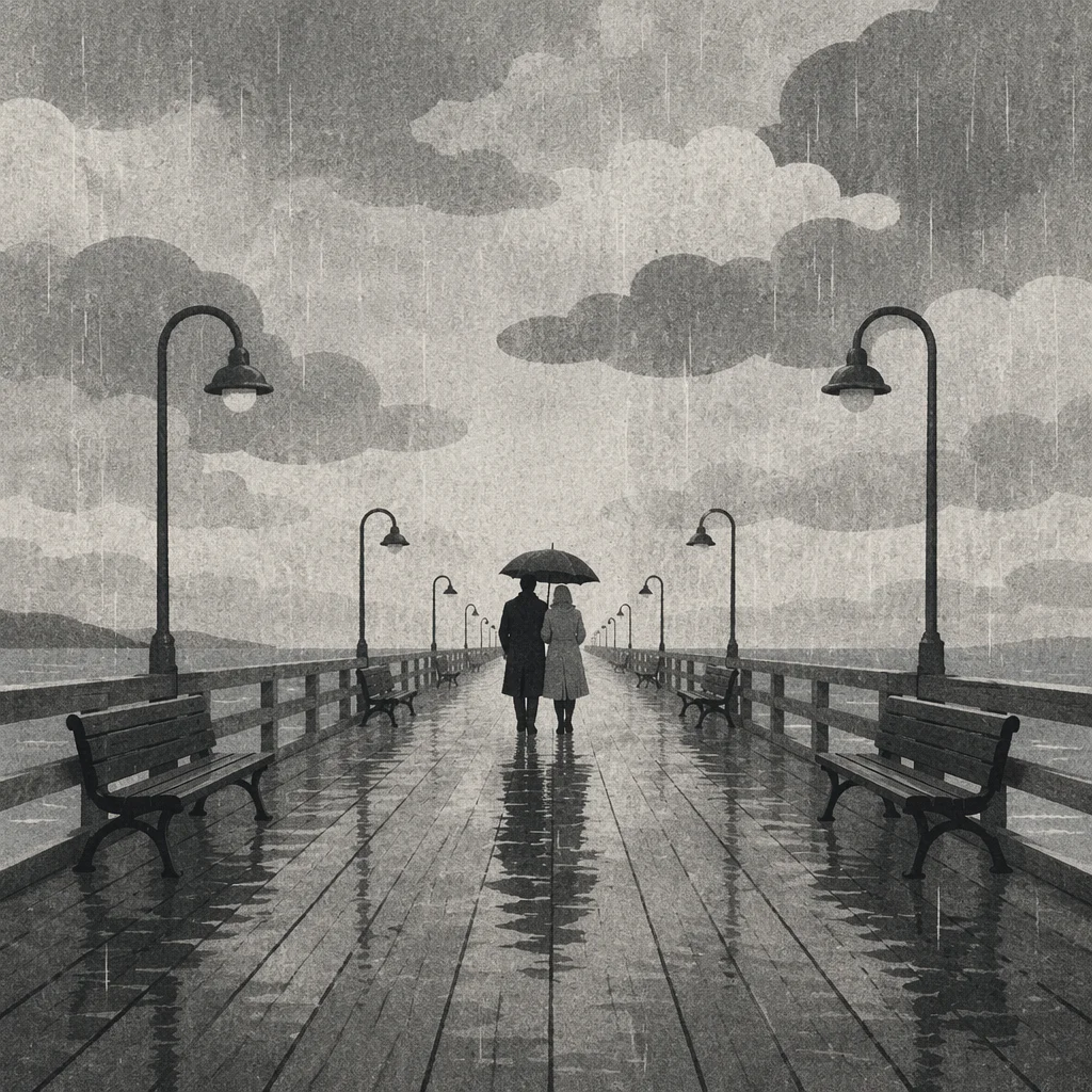 Kindness Under One Umbrella on Rainy Pier
