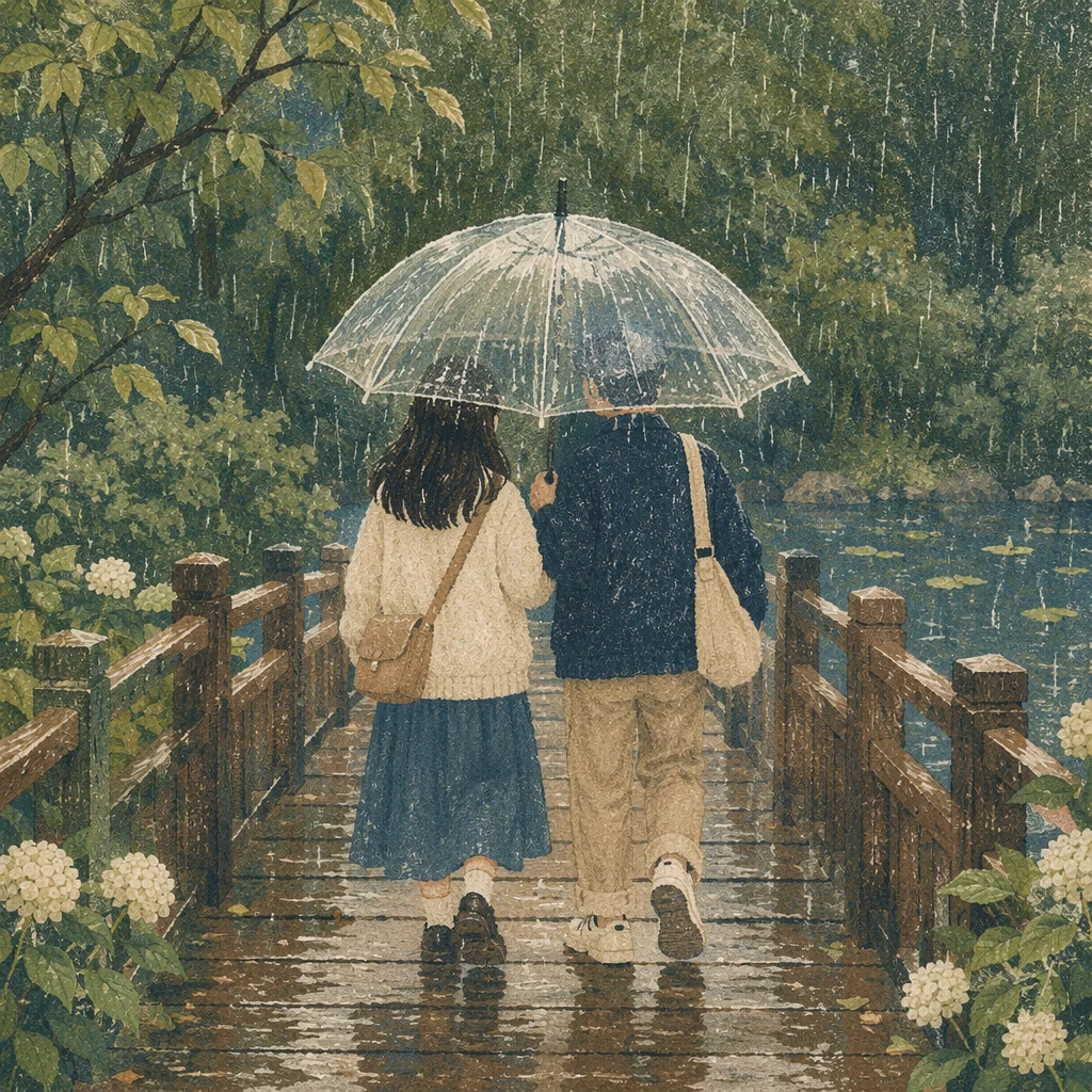 Kindness Under Umbrella on Rainy Footbridge
