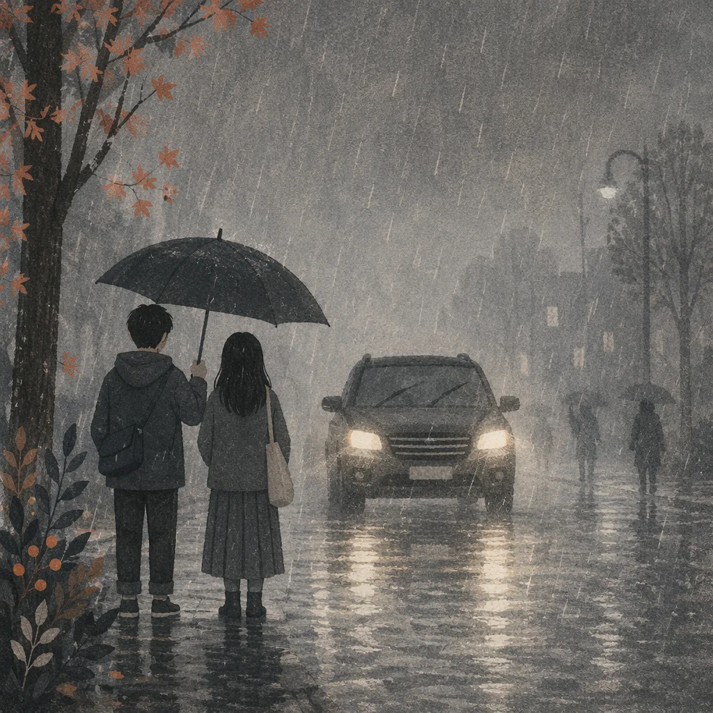 Kindness Shared Under Umbrella in Rain
