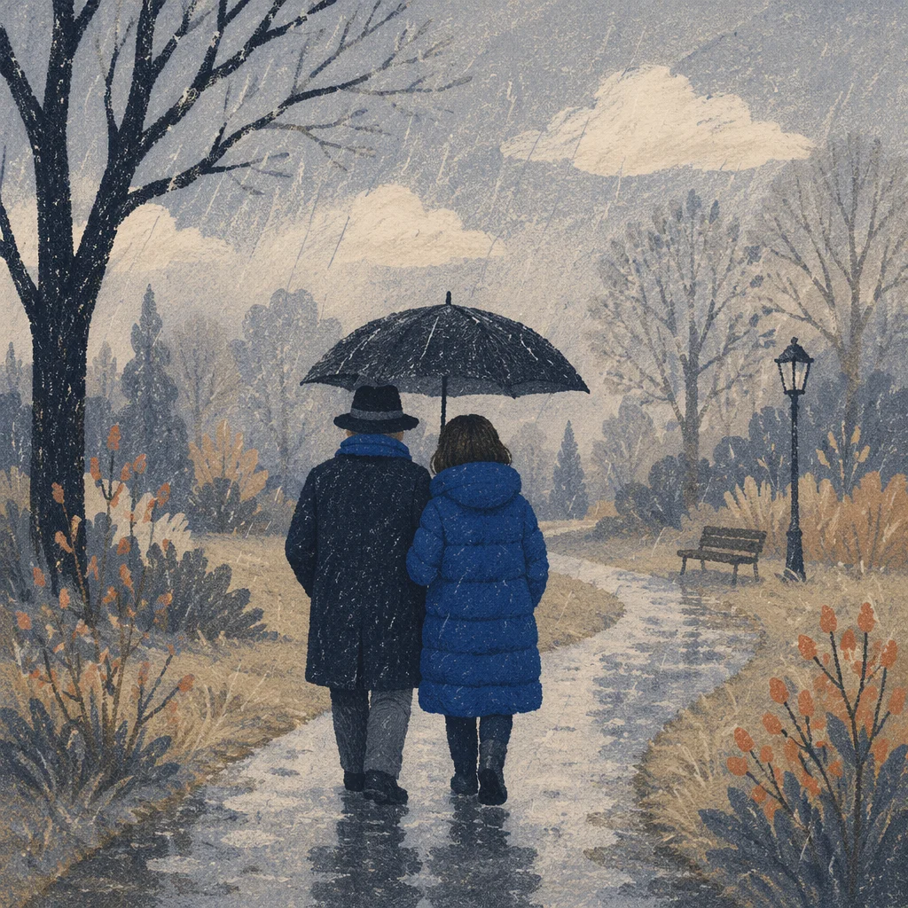 Kind Companions Sharing Umbrella in Rain