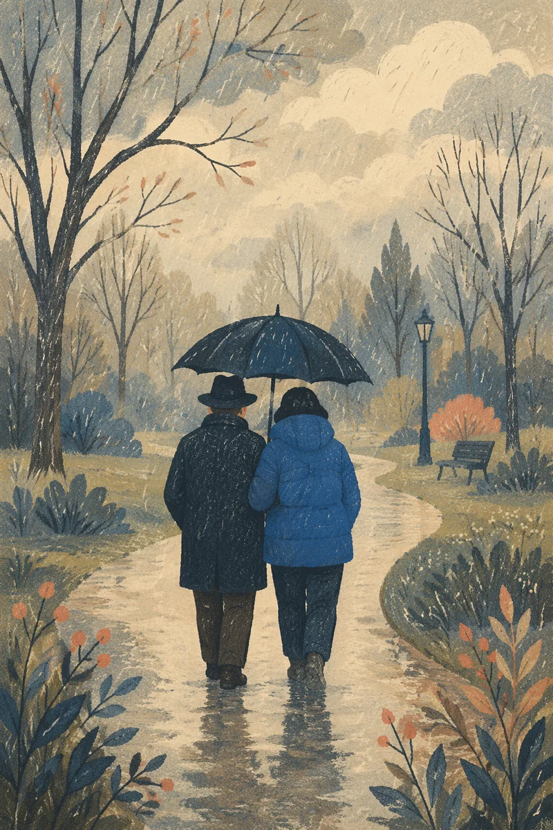 Shared Umbrella on a Rainy Park Path