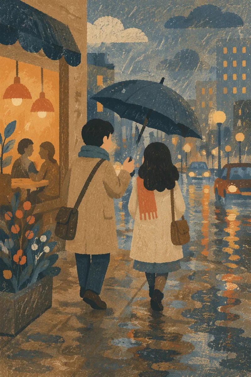 Kindness in Rain Under Shared Umbrella