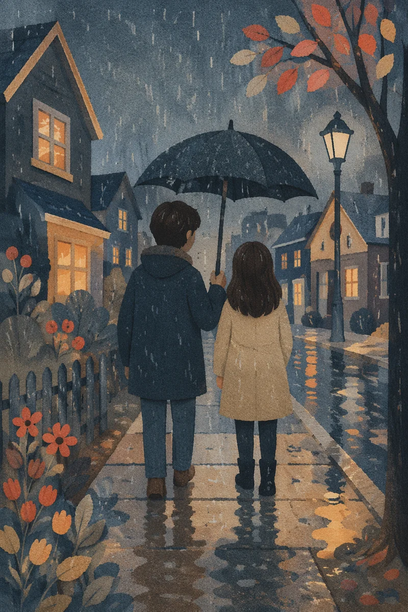 Kindness Under an Umbrella in Evening Rain