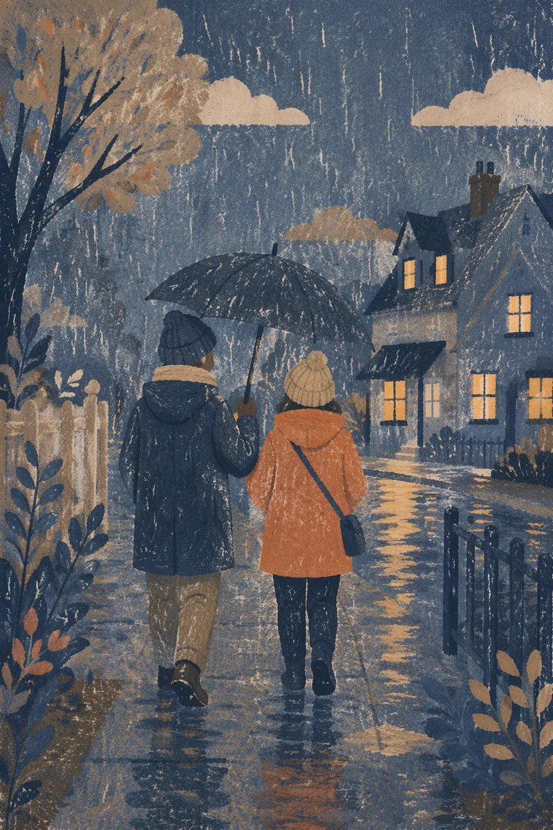 Kindness Under Umbrella in Evening Rain