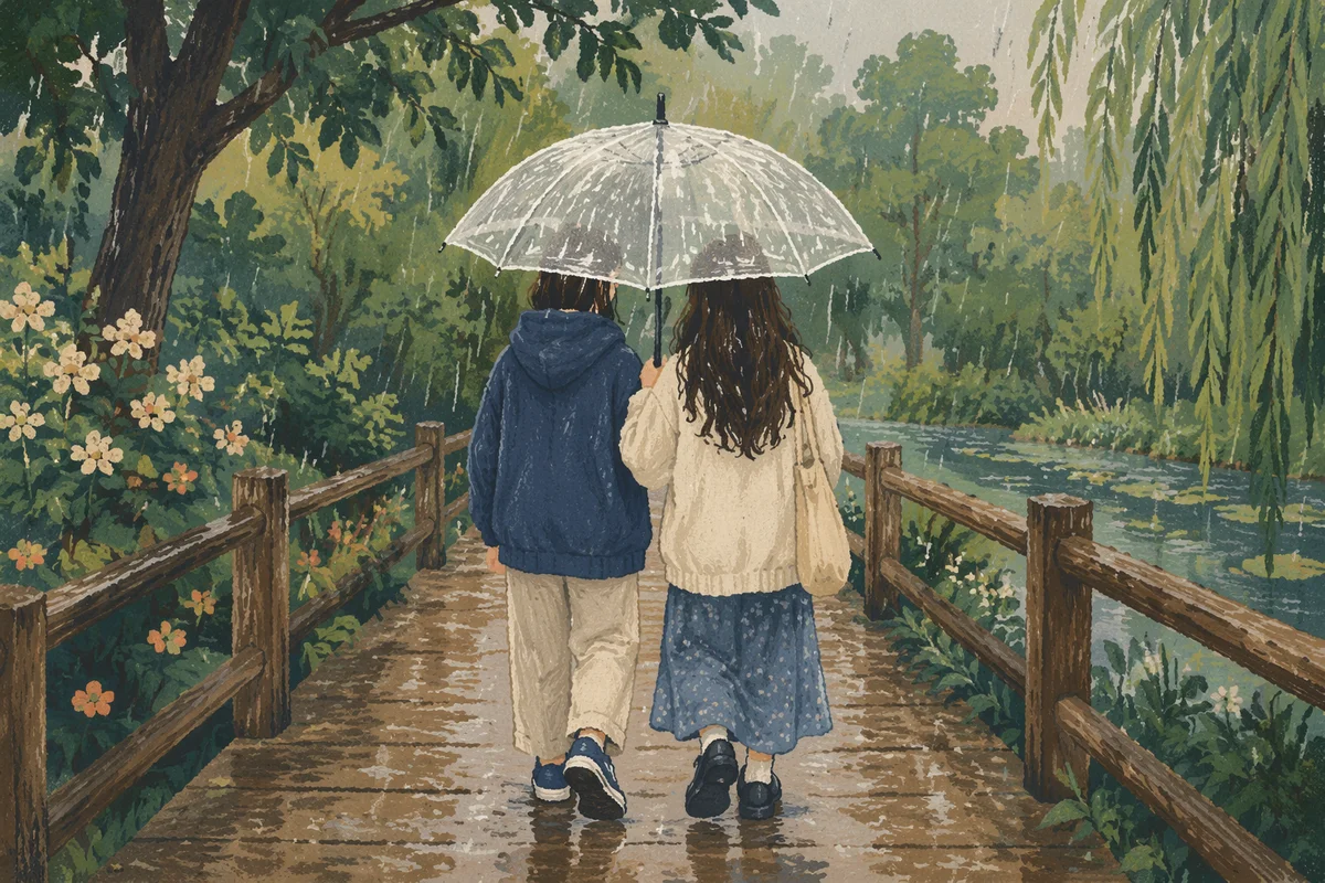 Kindness Shared Under a Rainy Park Umbrella