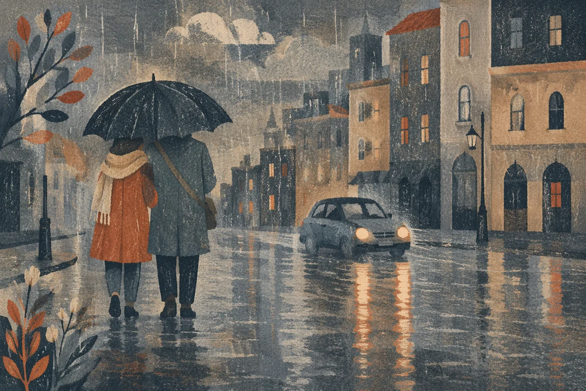 Shared Umbrella Kindness on Rainy Street