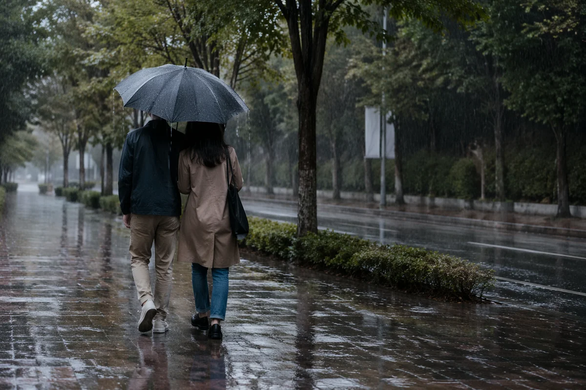 Kindness Shared Under Umbrella in Rain