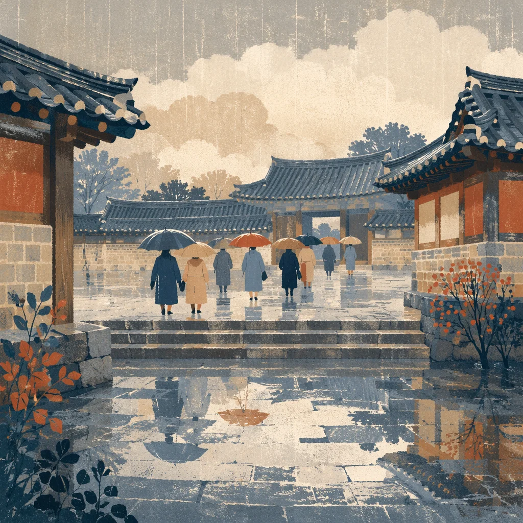 Rainy Courtyard Walk with Umbrella Reflections