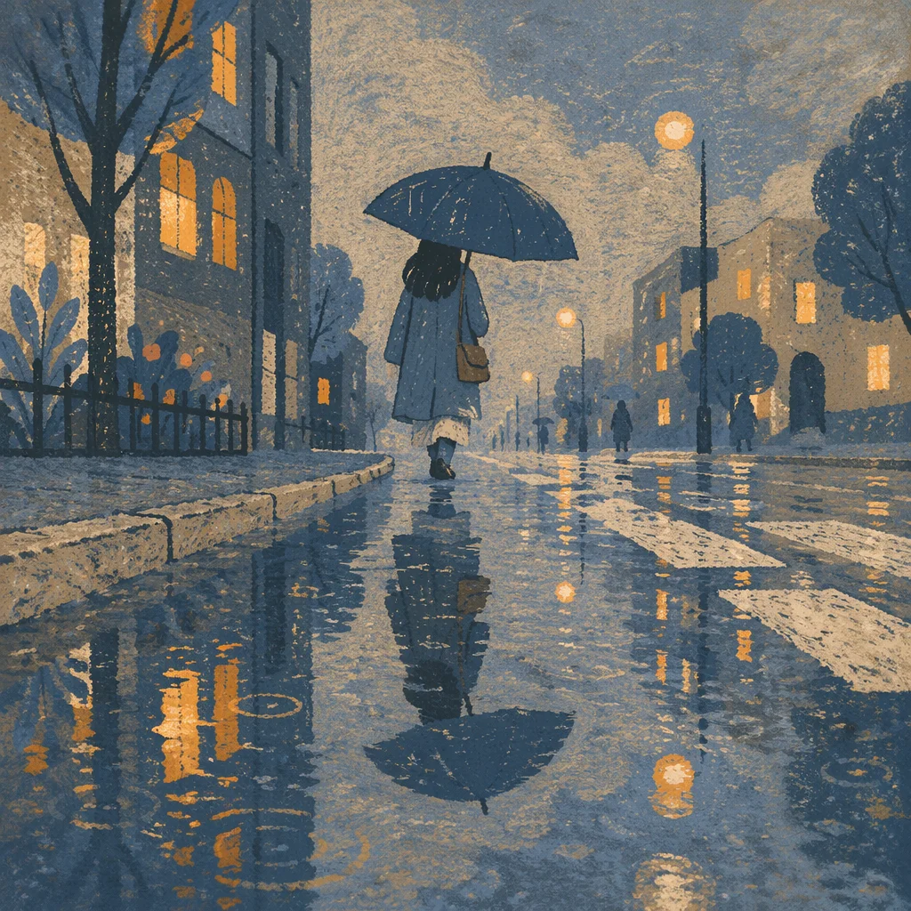 Rainy Street Walk with Umbrella Reflection
