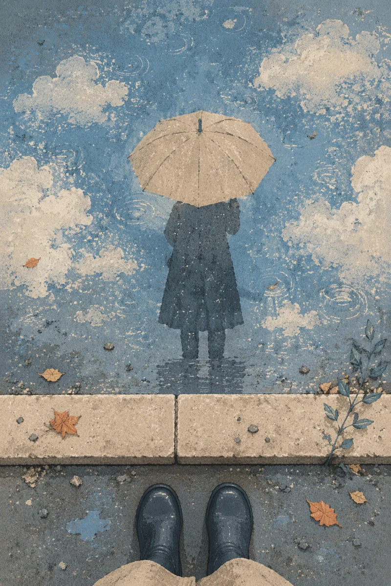 Umbrella Reflection in Rain Puddle Street