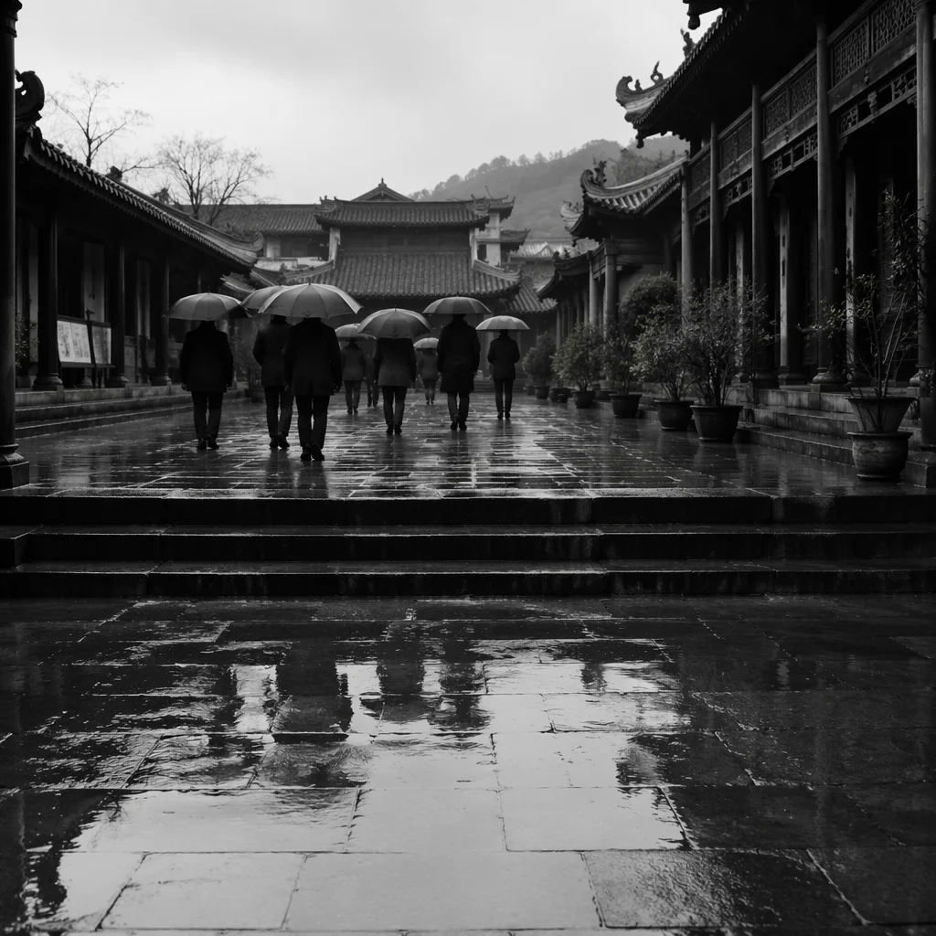 Quiet Rainy Courtyard Walk With Reflections