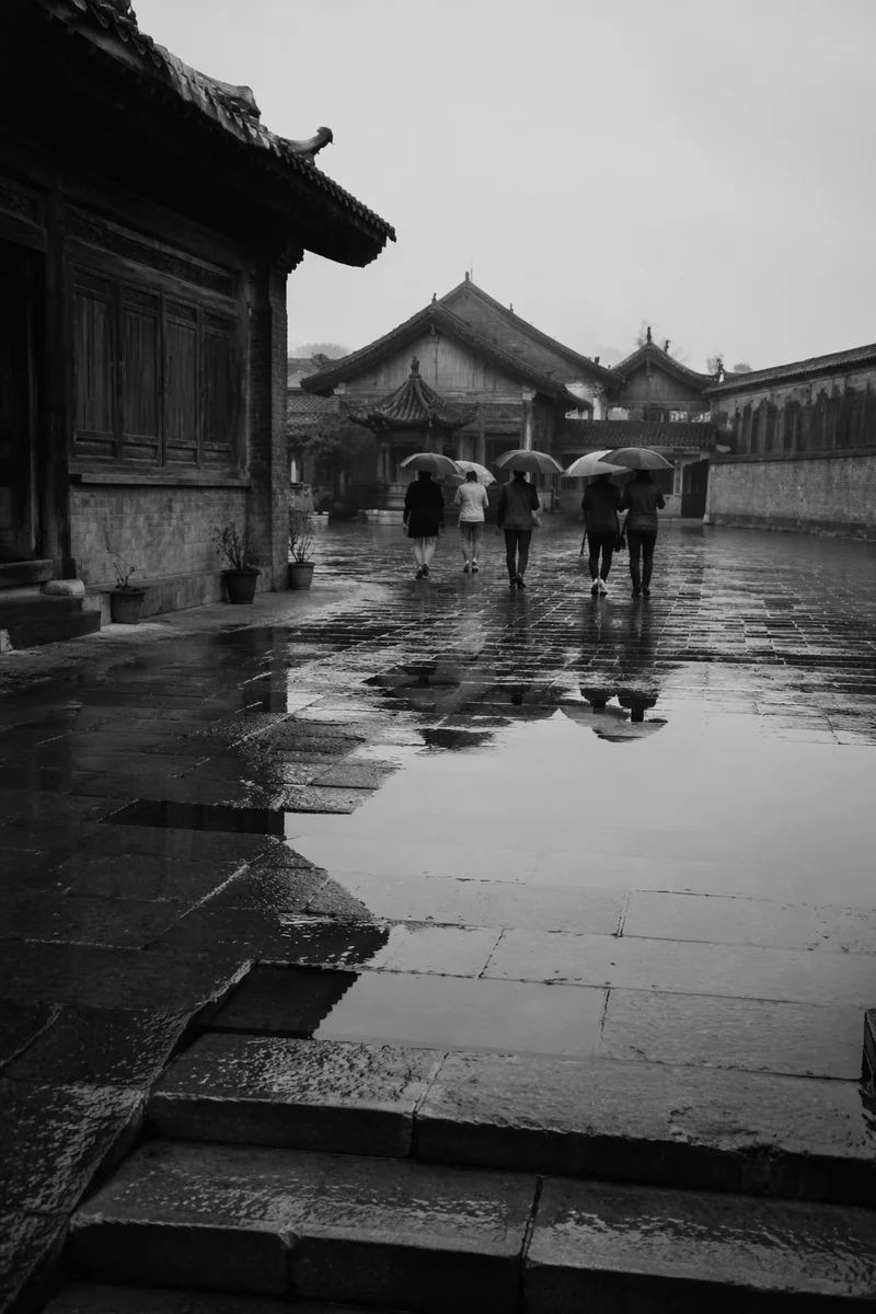 Quiet Rain Walk in Historic Courtyard