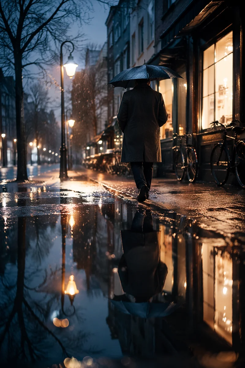 Quiet Rain Walk with Umbrella Reflection