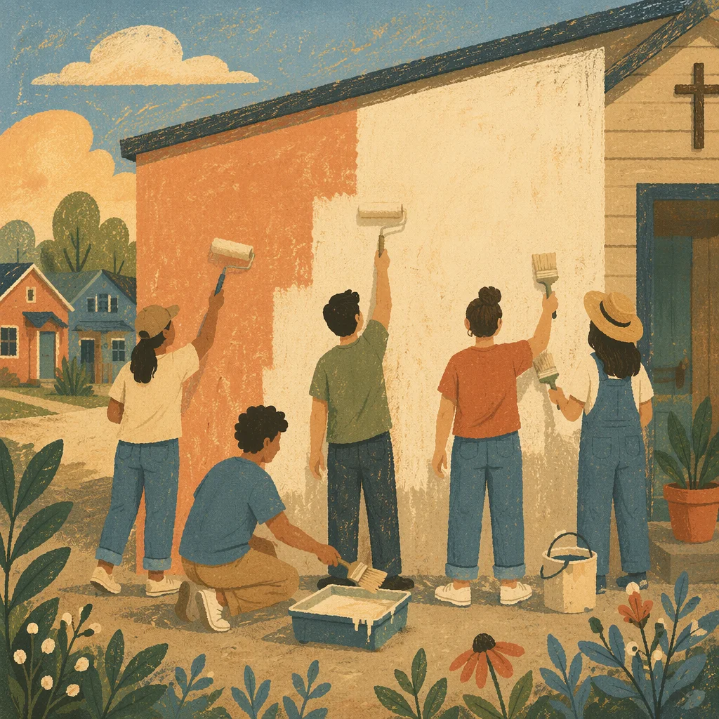 Volunteers Painting Community Wall in Warm Light