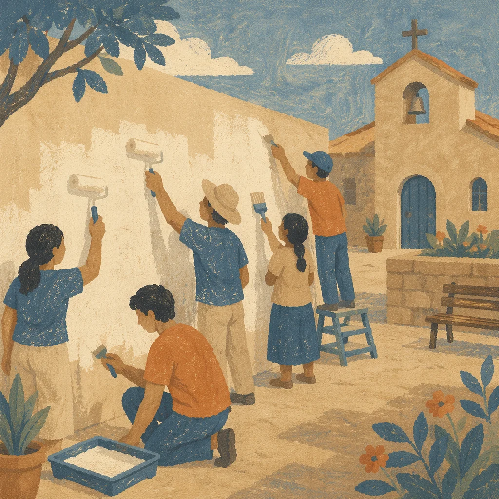 Volunteers Painting Chapel Courtyard Wall